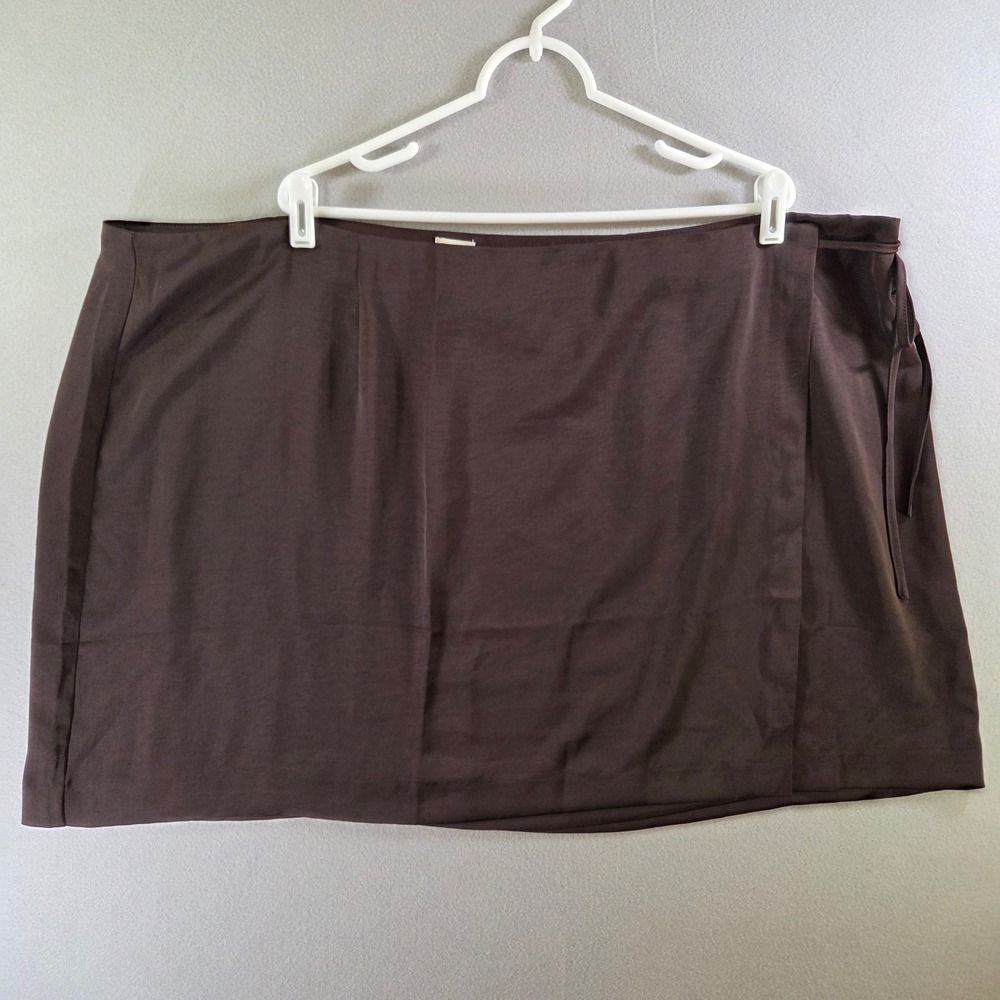 A New Day Brown Satin Wrap Mini Skirt Side Tie Plus Size 3X Minimalist Chic Fall